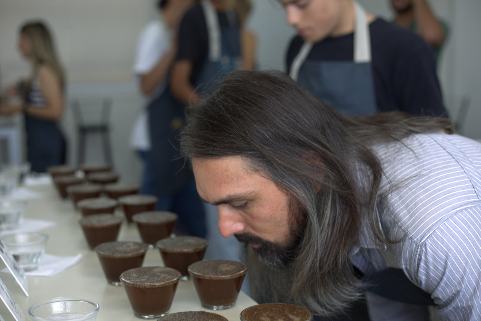 Mesa de cupping com múltiplos avaliadores